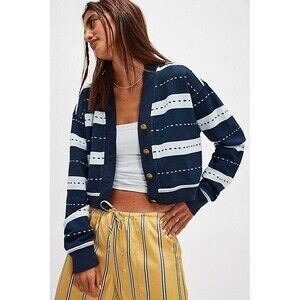 Free People Grace Printed Cardi Sweatshirt Top Buttondown Ribbed Cotton L 284129